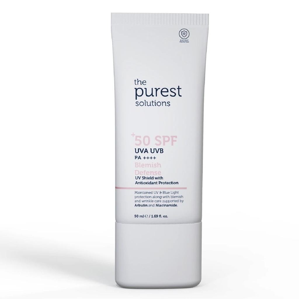  Blemish Defense UVA/UVB Antioxidant Protection For Blemish-Prone Skin 50+ SPF | 50 ml | UV Shield with Arbutin and Niacinamide The Purest Solutions